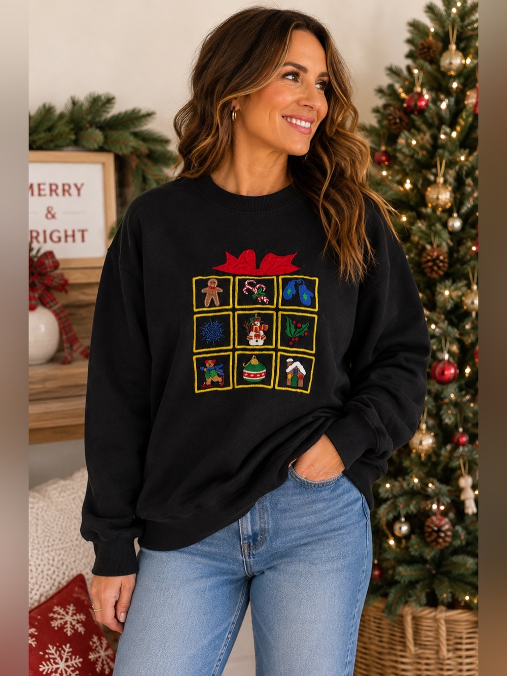 Vintage Nutcracker Christmas Patchwork Embroidered Sweatshirt Large
